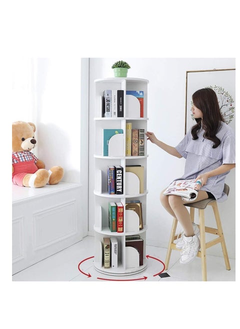 Rotating Bookshelf Floor Standing Open Shelf Bookcase Multipurpose Household Storage Rack 360° Rotation for Home Bedroom Living Room Office Corner Books Holder Space Saving (White)