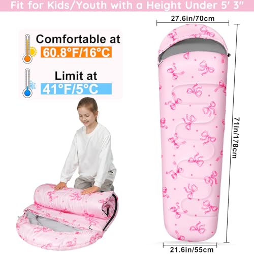 FIOBEE Kids Sleeping Bag for Girls Boys 3 Season Warm Cool Weather 41608 Camping Sleeping Bags with Backpacking Bag for Traveling Hiking Indoor Outdoor Camping Essentials Gear Pink Bow - Image 3