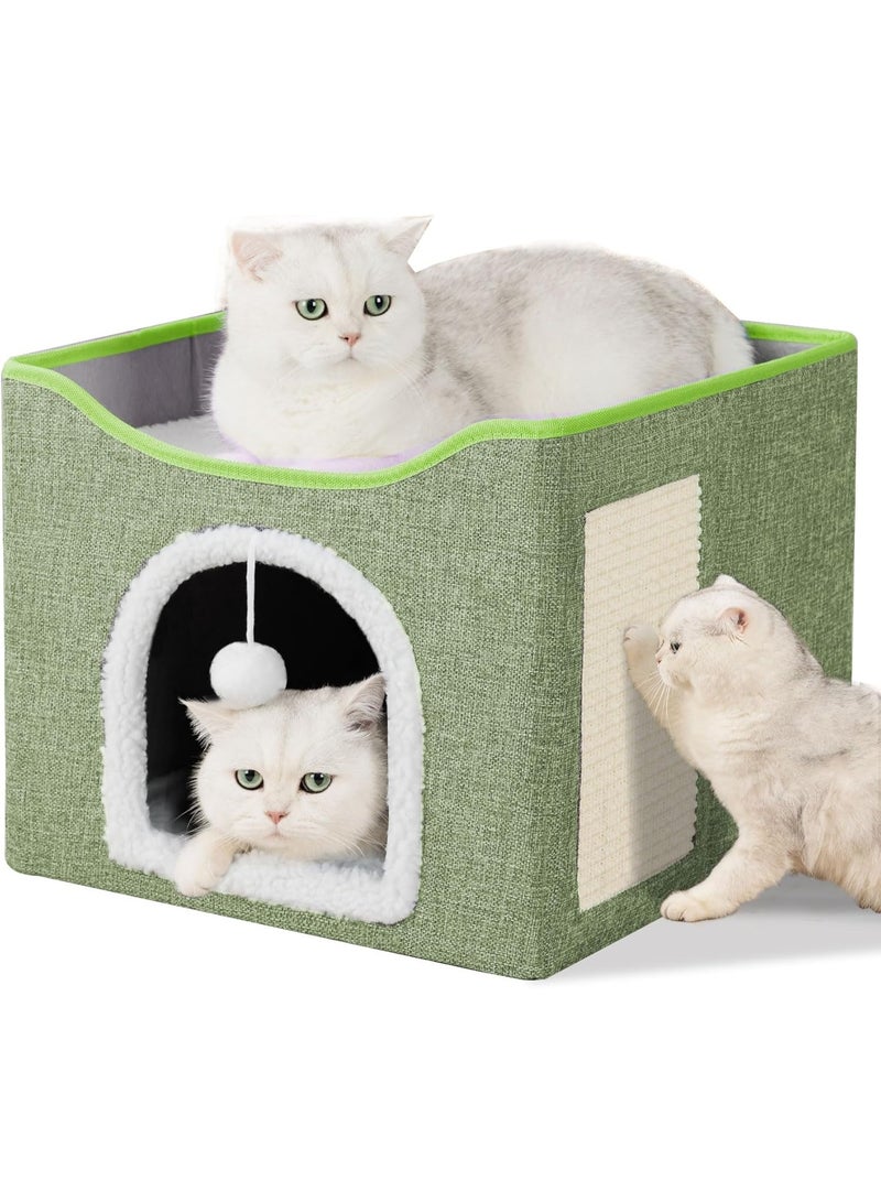Cat Bed for Indoor Cats, Foldable Large Cat House with Mat, Multifunctional Cat Climbing Frame with Cat Scratch Board and Hanging Ball, Easy to Assemble, Pet Bed Cave - Image 1