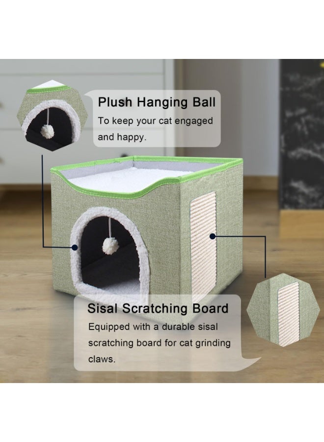 Cat Bed for Indoor Cats, Foldable Large Cat House with Mat, Multifunctional Cat Climbing Frame with Cat Scratch Board and Hanging Ball, Easy to Assemble, Pet Bed Cave - Image 4