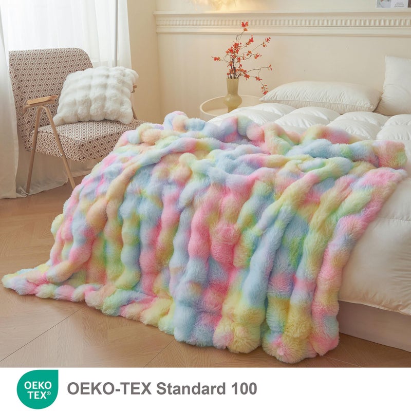 LIFEREVO Fluffy Faux Rabbit Fur Bubble Throw, Rainbow Plush Shaggy Blanket for Couch Sofa Chair, Soft Cute Tie Dye Furry Blanket Adults Kids Girls, Fuzzy Throw for Bedroom Living Room, 50x60, Rainbow - Image 2