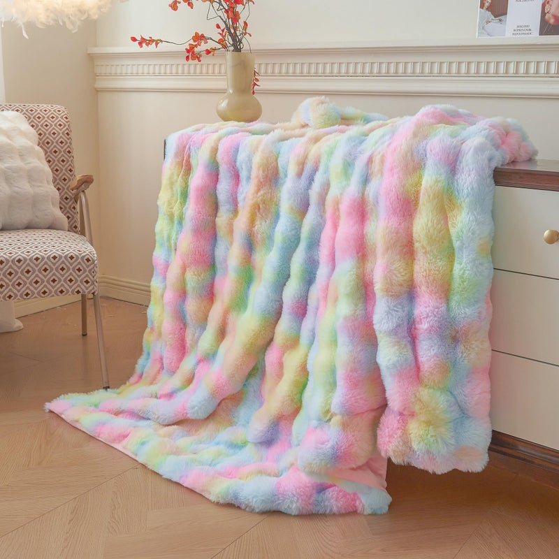 LIFEREVO Fluffy Faux Rabbit Fur Bubble Throw, Rainbow Plush Shaggy Blanket for Couch Sofa Chair, Soft Cute Tie Dye Furry Blanket Adults Kids Girls, Fuzzy Throw for Bedroom Living Room, 50x60, Rainbow - Image 5