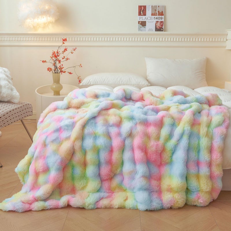 LIFEREVO Fluffy Faux Rabbit Fur Bubble Throw, Rainbow Plush Shaggy Blanket for Couch Sofa Chair, Soft Cute Tie Dye Furry Blanket Adults Kids Girls, Fuzzy Throw for Bedroom Living Room, 50x60, Rainbow - Image 1