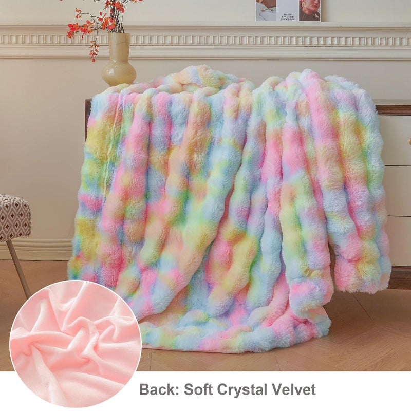 LIFEREVO Fluffy Faux Rabbit Fur Bubble Throw, Rainbow Plush Shaggy Blanket for Couch Sofa Chair, Soft Cute Tie Dye Furry Blanket Adults Kids Girls, Fuzzy Throw for Bedroom Living Room, 50x60, Rainbow - Image 3