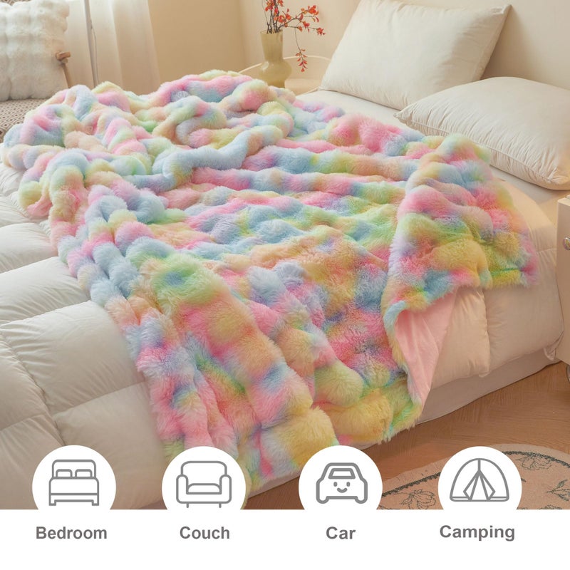 LIFEREVO Fluffy Faux Rabbit Fur Bubble Throw, Rainbow Plush Shaggy Blanket for Couch Sofa Chair, Soft Cute Tie Dye Furry Blanket Adults Kids Girls, Fuzzy Throw for Bedroom Living Room, 50x60, Rainbow - Image 4