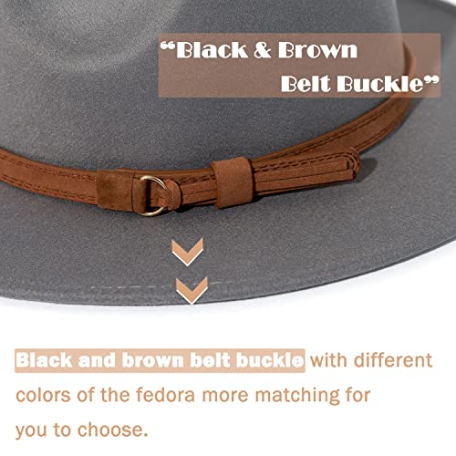 Lisianthus Men & Women Vintage Wide Brim Fedora Hat with Belt Buckle A-Light Grey 56-58cm - Image 3