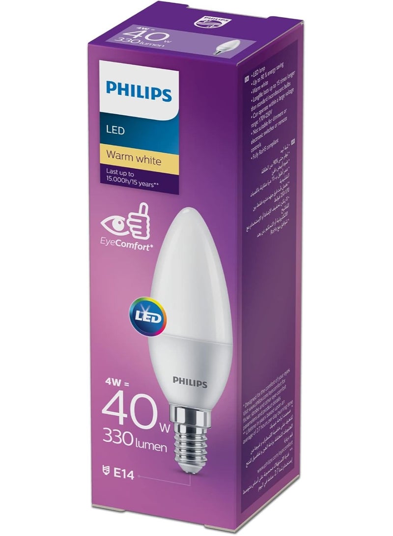 Philips LED Candle Bulb B35, Non-Dimmable, E14 Base, Warm White, 2700K, 4-40W, Yellow - Image 1
