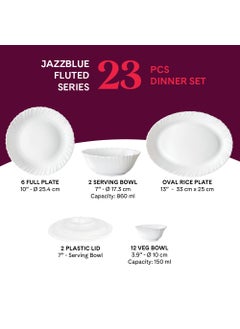 LARAH BY BOROSIL Larah by Borosil Jazzblue Fluted Series Opalware Dinner Set | 23 Pieces for Family of 6 | Microwave & Dishwasher Safe | Bone-Ash Free | Crockery Set for Dining & Gifting | Plates & Bowls | White  - Image 2