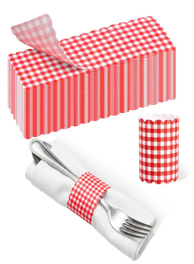 FoldTier 100 Pcs Red and White Checkered Paper Napkin Ring Disposable Napkin Band Self Adhesive Red Gingham Silverware Wrap Band for Wedding Birthday Picnic Baby Shower Buffet Pizza Party Decorations - Image 1