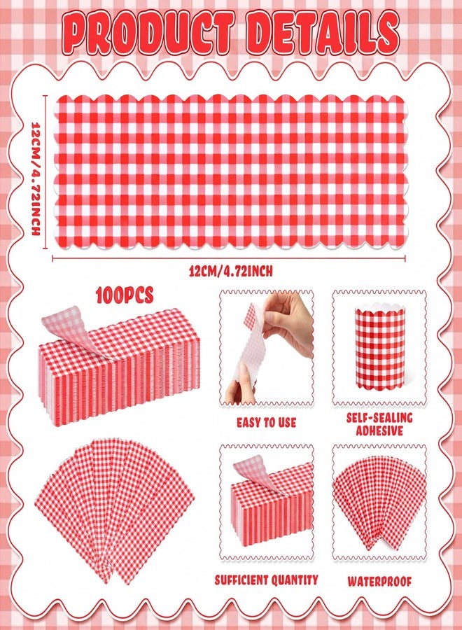 FoldTier 100 Pcs Red and White Checkered Paper Napkin Ring Disposable Napkin Band Self Adhesive Red Gingham Silverware Wrap Band for Wedding Birthday Picnic Baby Shower Buffet Pizza Party Decorations - Image 2