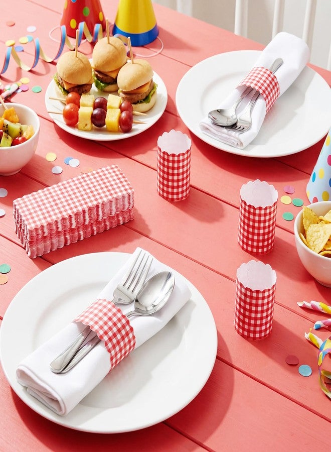 FoldTier 100 Pcs Red and White Checkered Paper Napkin Ring Disposable Napkin Band Self Adhesive Red Gingham Silverware Wrap Band for Wedding Birthday Picnic Baby Shower Buffet Pizza Party Decorations - Image 4