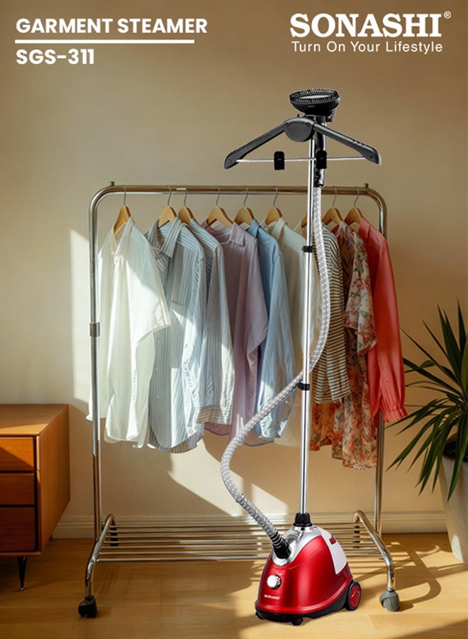 SONASHI 1.8L Garment Steamer |1800 W | Suit Hanging & Supporting Pole| Wrinkle Free |Anti-Slip Foot Wheel with Leak Proof Valve | SGS-311 Red/Black/Silver 1.8 L 1800 W SGS-311 Red/Black/Silver - Image 1