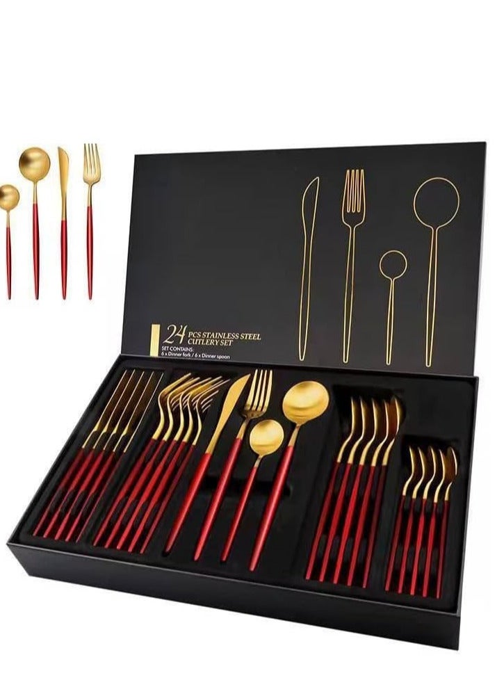 طقم ملاعق 24 قطعة باللونين الأحمر والذهبي في علبة كرتونية فاخرة – تصميم عصري فاخر – مناسب لـ 6 أشخاص – مصنوع من الفولاذ المقاوم للصدأ – آمن لغسالة الصحون – يأتي في علبة هدايا فاخرة - Image 1