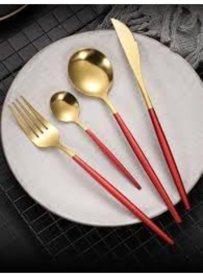 طقم ملاعق 24 قطعة باللونين الأحمر والذهبي في علبة كرتونية فاخرة – تصميم عصري فاخر – مناسب لـ 6 أشخاص – مصنوع من الفولاذ المقاوم للصدأ – آمن لغسالة الصحون – يأتي في علبة هدايا فاخرة - Image 2