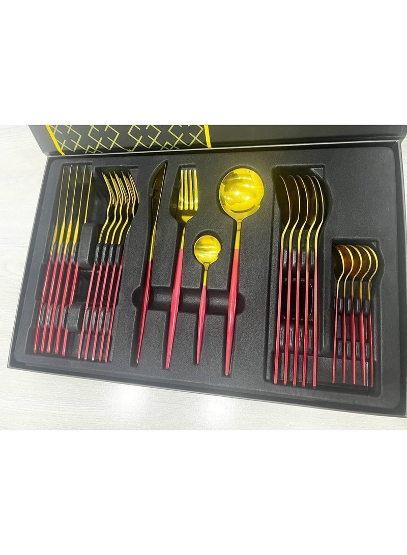 طقم ملاعق 24 قطعة باللونين الأحمر والذهبي في علبة كرتونية فاخرة – تصميم عصري فاخر – مناسب لـ 6 أشخاص – مصنوع من الفولاذ المقاوم للصدأ – آمن لغسالة الصحون – يأتي في علبة هدايا فاخرة - Image 3
