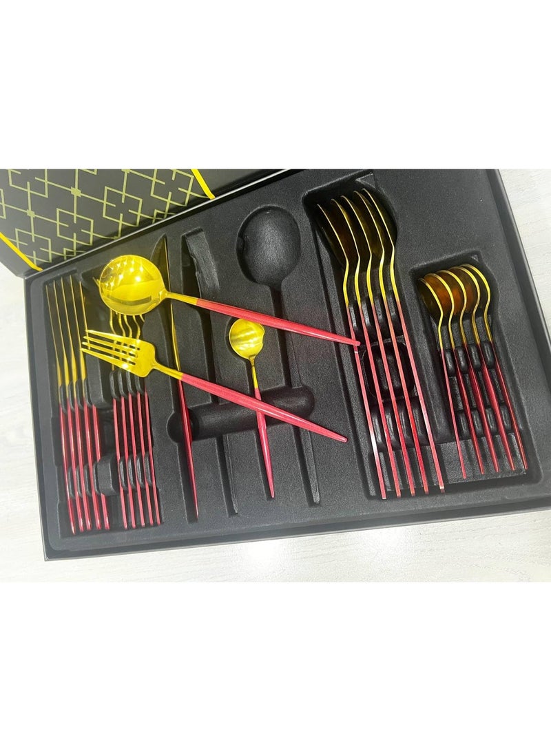 طقم ملاعق 24 قطعة باللونين الأحمر والذهبي في علبة كرتونية فاخرة – تصميم عصري فاخر – مناسب لـ 6 أشخاص – مصنوع من الفولاذ المقاوم للصدأ – آمن لغسالة الصحون – يأتي في علبة هدايا فاخرة - Image 4