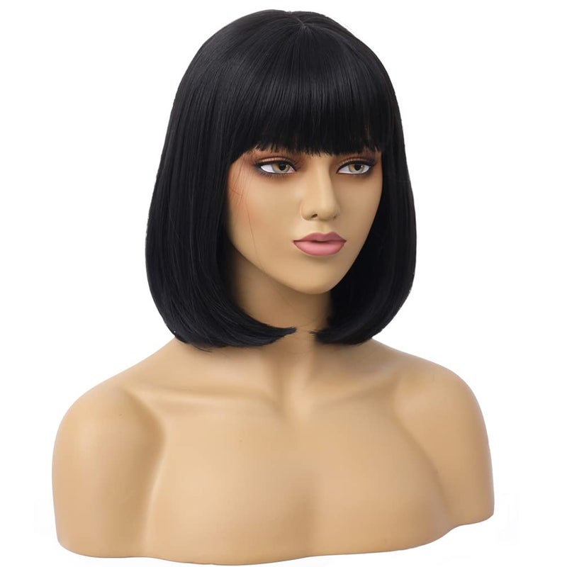 RightOn 12 Inches Black Bob Wig with Bangs Short Straight Synthetic Wigs for Women Cosplay Daily Party Hairnet Included