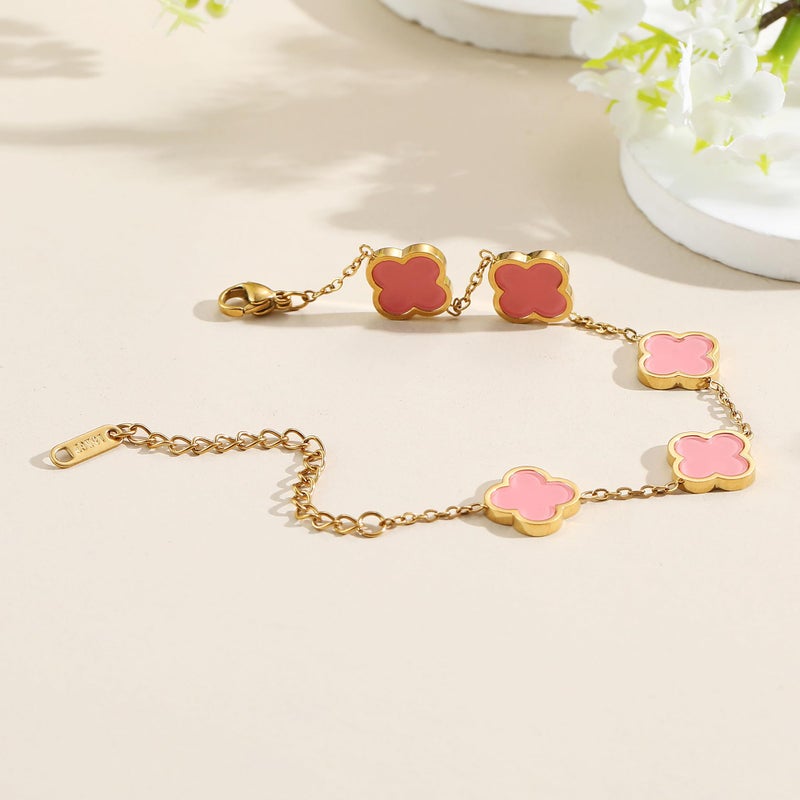 AIPPK 18K Gold Plated Clover Lucky Bracelet Bracelet Dupes for Women Pink Flower Four Leaf Bracelets Trendy Jewelry Gifts for Women - Image 3