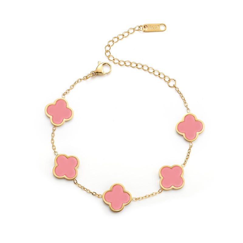 AIPPK 18K Gold Plated Clover Lucky Bracelet Bracelet Dupes for Women Pink Flower Four Leaf Bracelets Trendy Jewelry Gifts for Women - Image 1
