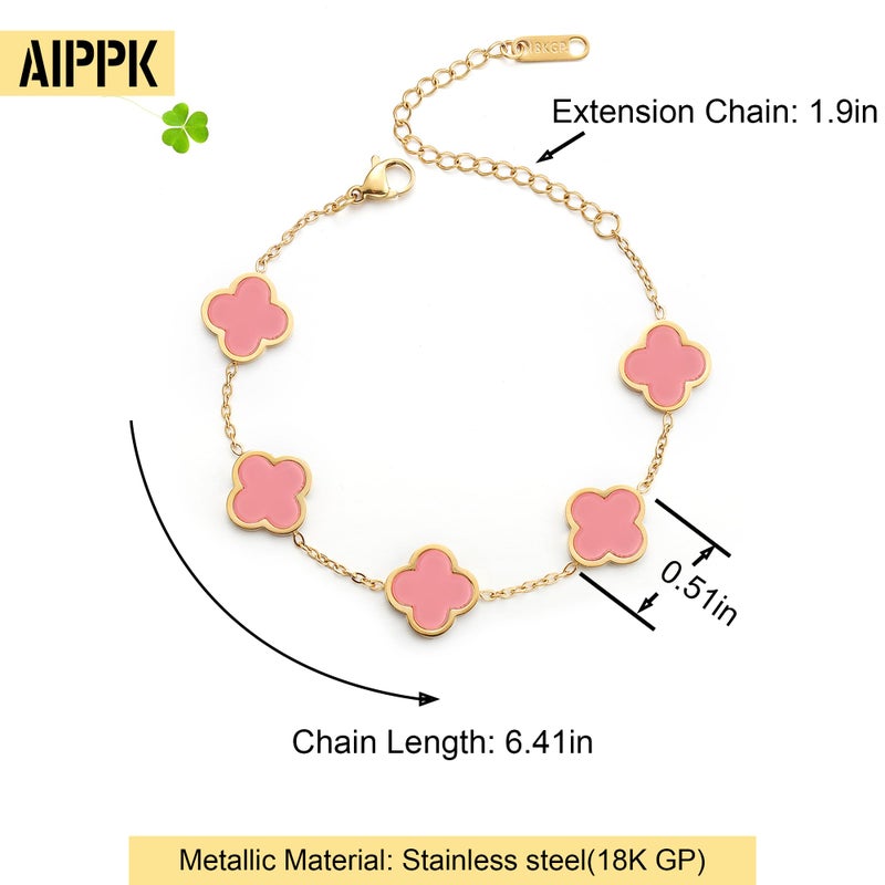 AIPPK 18K Gold Plated Clover Lucky Bracelet Bracelet Dupes for Women Pink Flower Four Leaf Bracelets Trendy Jewelry Gifts for Women - Image 2