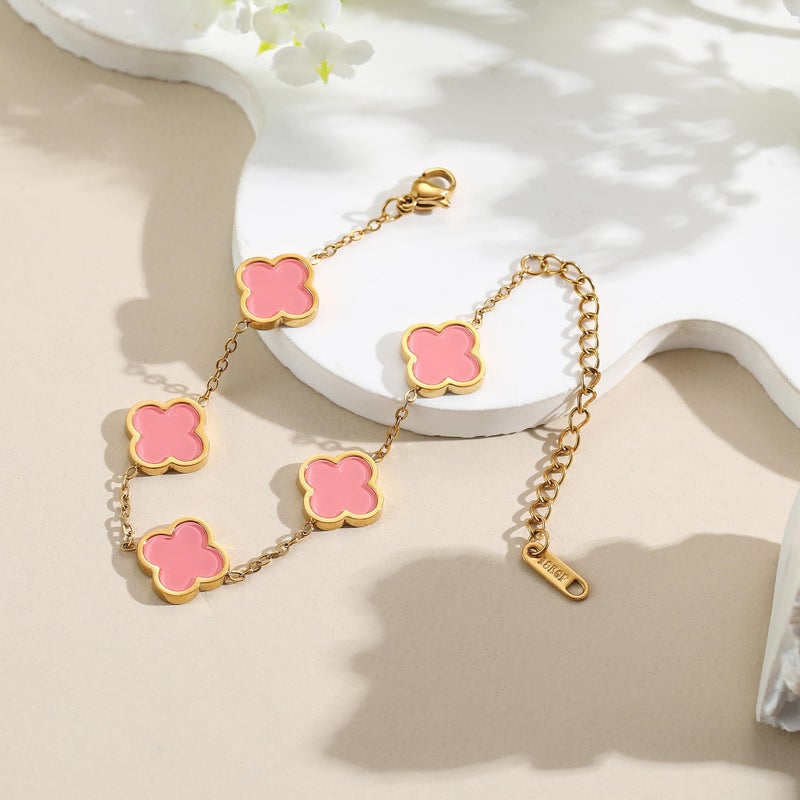 AIPPK 18K Gold Plated Clover Lucky Bracelet Bracelet Dupes for Women Pink Flower Four Leaf Bracelets Trendy Jewelry Gifts for Women - Image 5