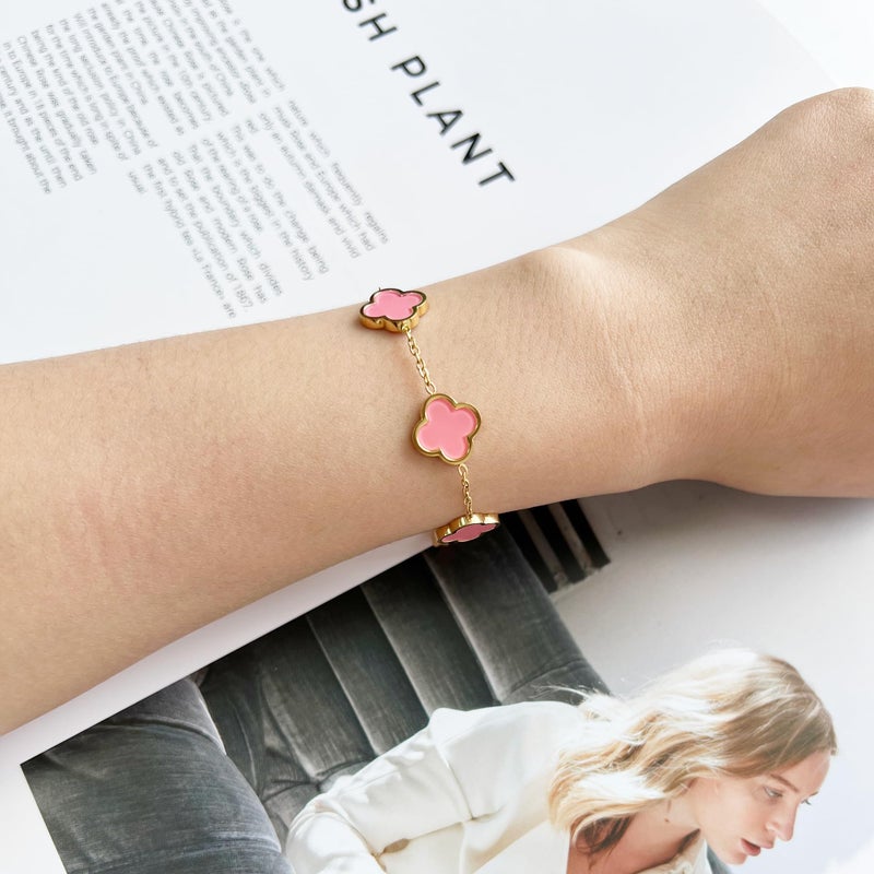AIPPK 18K Gold Plated Clover Lucky Bracelet Bracelet Dupes for Women Pink Flower Four Leaf Bracelets Trendy Jewelry Gifts for Women - Image 4