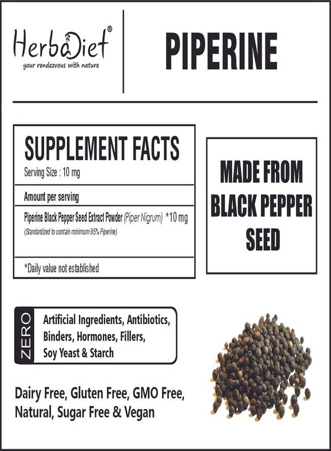 Herbadiet Piperine 95% Powder | Black Pepper Extract Powder 95% by Hplc | Bioavailability Enhancer, Boosts Nutrients Uptake| Gluten Free, Non-GMO Bulk Supplement (0.35 oz / 10 gm) - Image 5