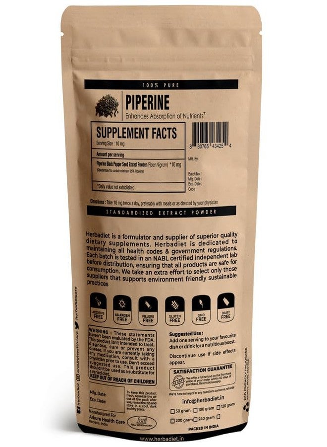 Herbadiet Piperine 95% Powder | Black Pepper Extract Powder 95% by Hplc | Bioavailability Enhancer, Boosts Nutrients Uptake| Gluten Free, Non-GMO Bulk Supplement (0.35 oz / 10 gm) - Image 2