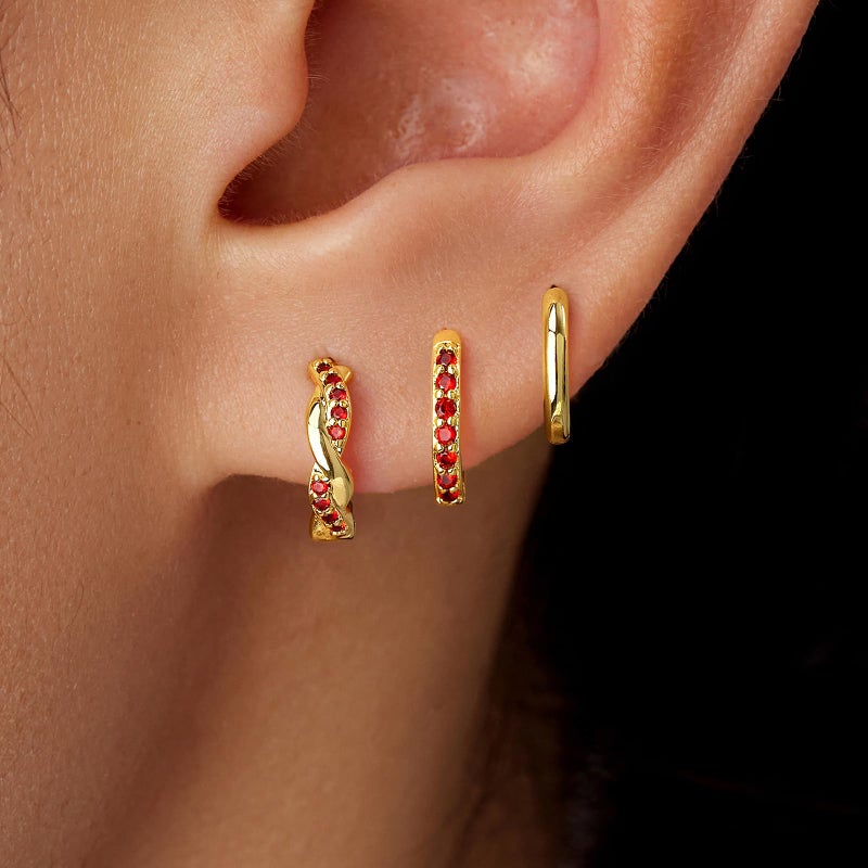 Inerney Gold Ruby Huggie Hoop Earrings Set for Women, Dainty 14K Small Dark Red Earring Hypoallergenic Jewelry for Multiple Piercings, Trendy Twisted Cute Cartilage Hoops July Birthstone Gift - Image 2