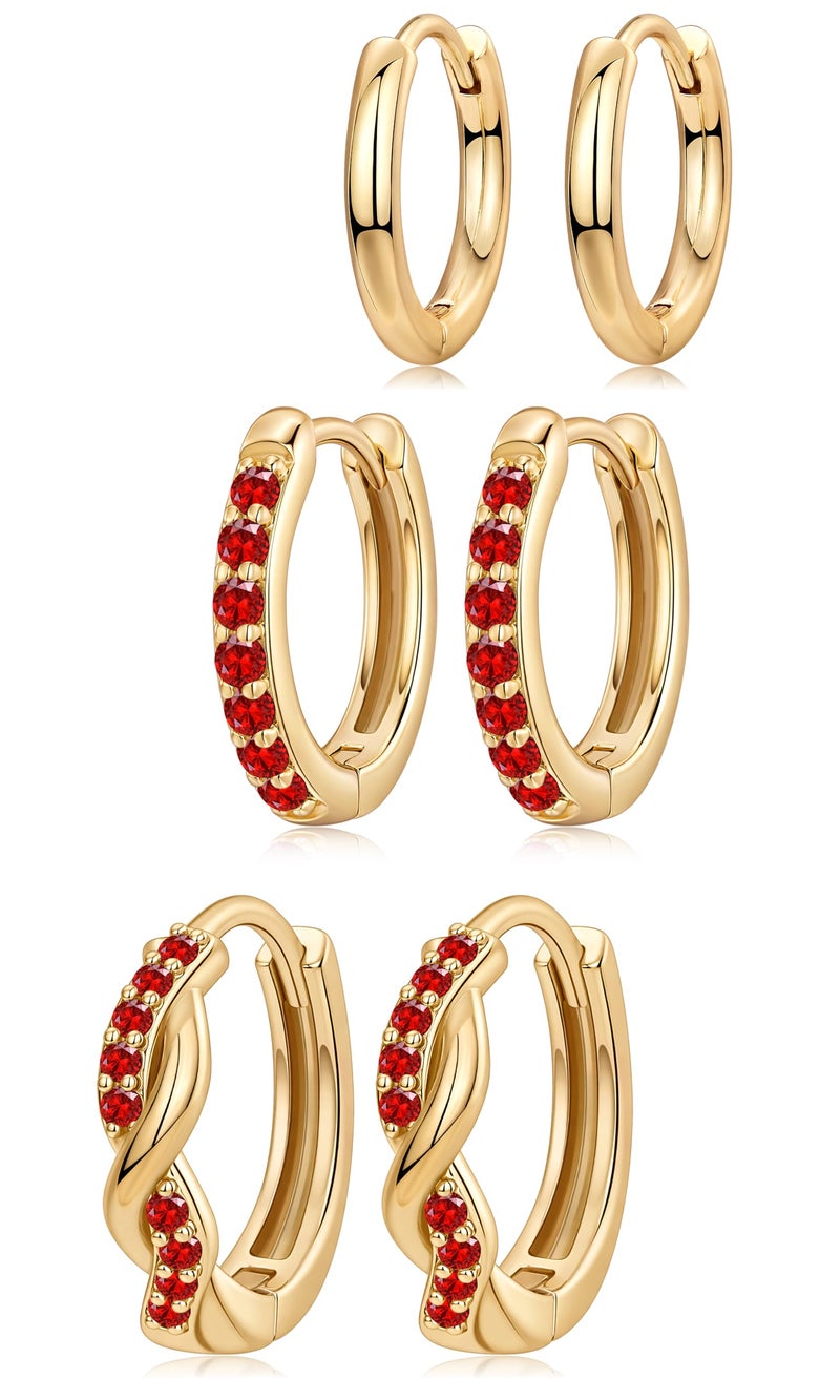 Inerney Gold Ruby Huggie Hoop Earrings Set for Women, Dainty 14K Small Dark Red Earring Hypoallergenic Jewelry for Multiple Piercings, Trendy Twisted Cute Cartilage Hoops July Birthstone Gift - Image 1
