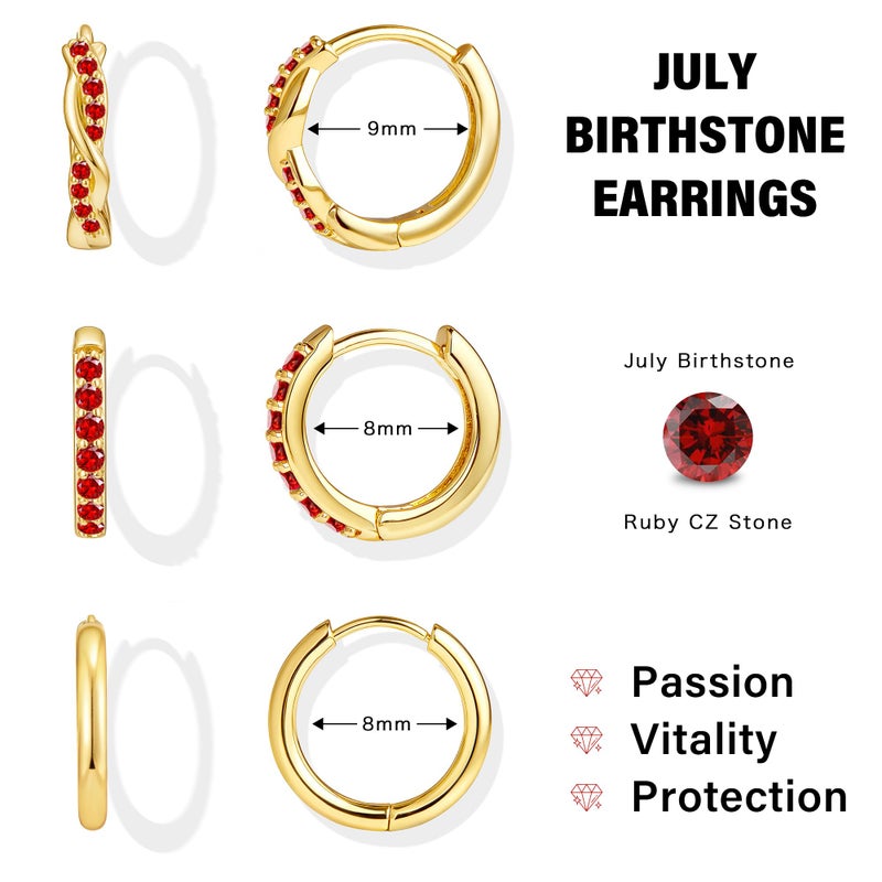 Inerney Gold Ruby Huggie Hoop Earrings Set for Women, Dainty 14K Small Dark Red Earring Hypoallergenic Jewelry for Multiple Piercings, Trendy Twisted Cute Cartilage Hoops July Birthstone Gift - Image 3
