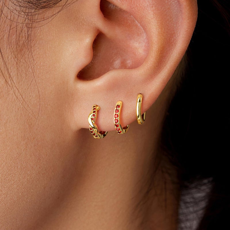 Inerney Gold Ruby Huggie Hoop Earrings Set for Women, Dainty 14K Small Dark Red Earring Hypoallergenic Jewelry for Multiple Piercings, Trendy Twisted Cute Cartilage Hoops July Birthstone Gift - Image 4
