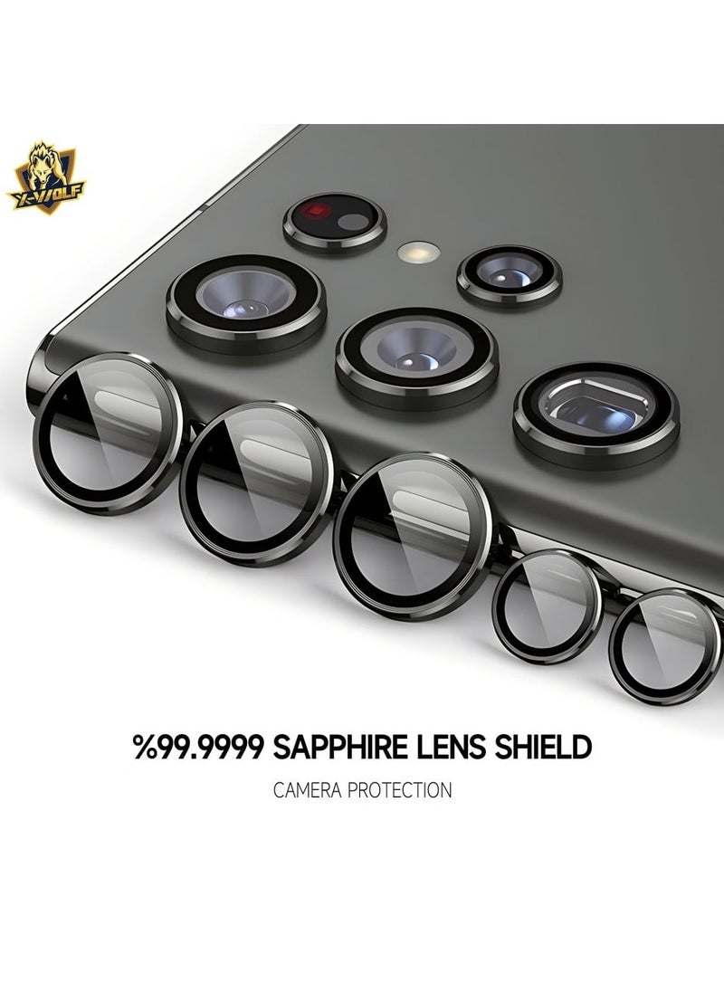 Camera lens protection for the Samsung S24 Ultra, made from ultra-thin sapphire glass, resistant to scratches and impacts, and features high clarity when capturing photos as well as a mounting template to make it easier to install -Titanium