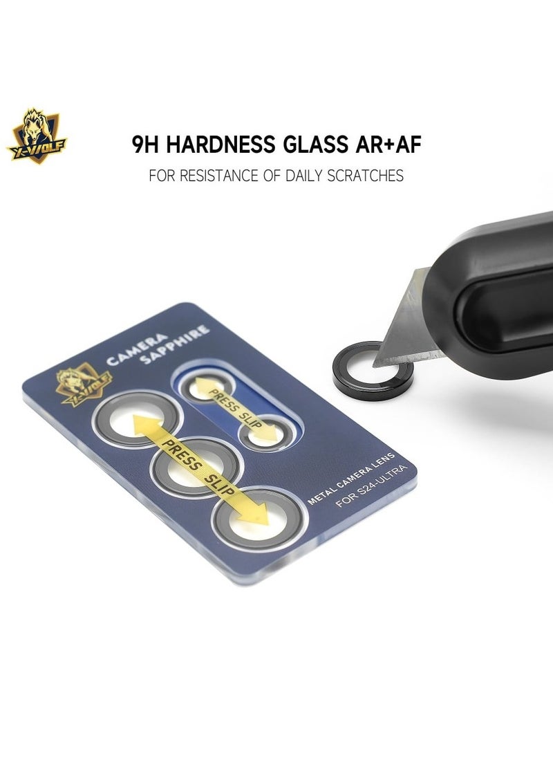 Camera lens protection for the Samsung S24 Ultra, made from ultra-thin sapphire glass, resistant to scratches and impacts, and features high clarity when capturing photos as well as a mounting template to make it easier to install -Titanium