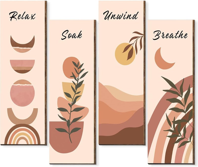 bpa Wall Decor,Boho Art Wall Decor Set of 4,Mid Century Modern Wall Art，Poplar Panels Neutral Abstract Geometric Print Beige Orange Minimalist Artwork (Style C) - Image 1