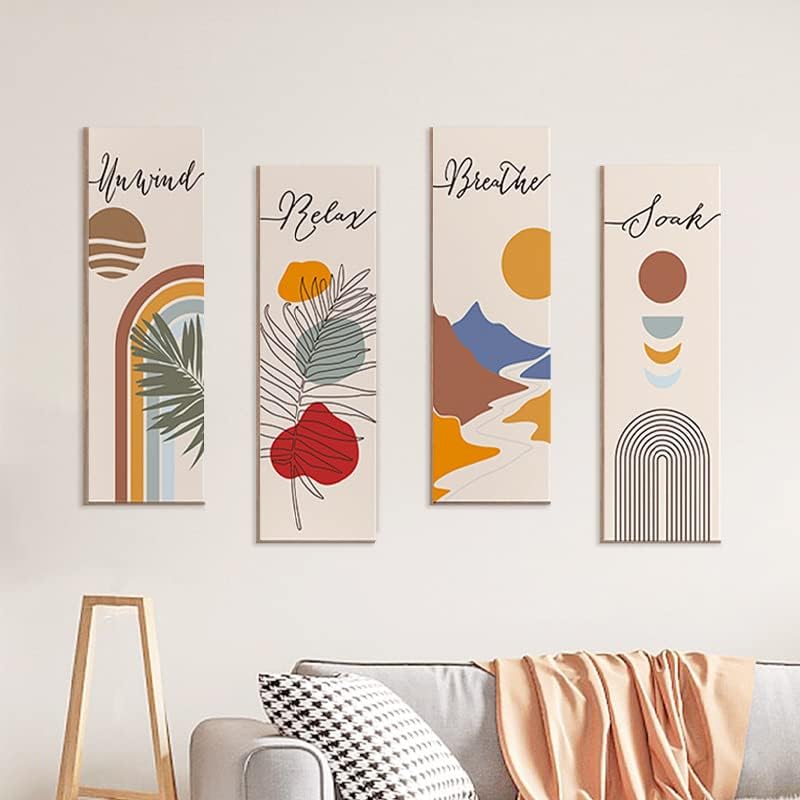 bpa Wall Decor,Boho Art Wall Decor Set of 4,Mid Century Modern Wall Art，Poplar Panels Neutral Abstract Geometric Print Beige Orange Minimalist Artwork (Style C) - Image 5