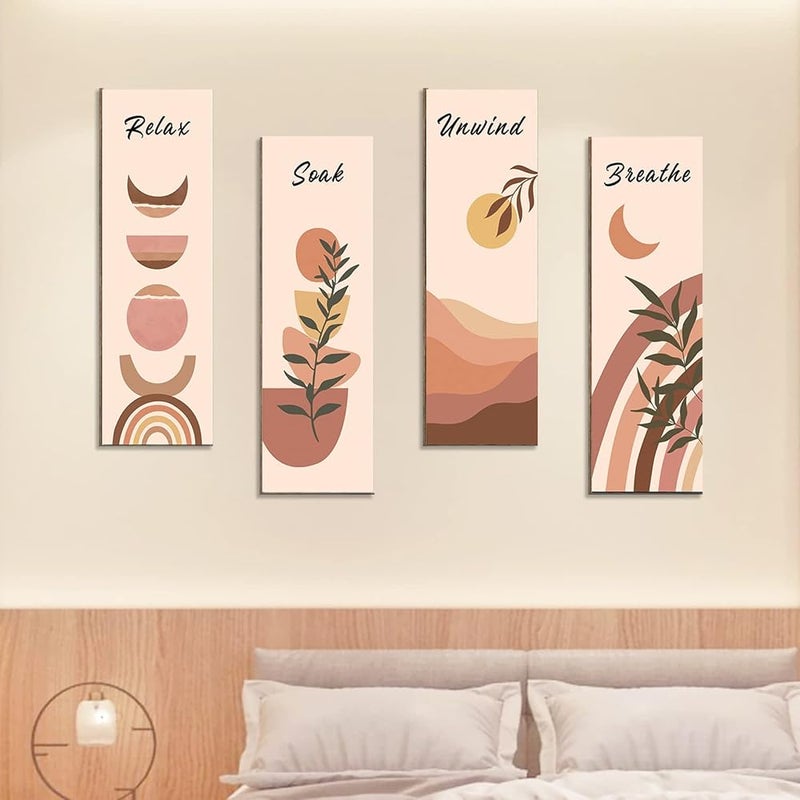 bpa Wall Decor,Boho Art Wall Decor Set of 4,Mid Century Modern Wall Art，Poplar Panels Neutral Abstract Geometric Print Beige Orange Minimalist Artwork (Style C) - Image 2