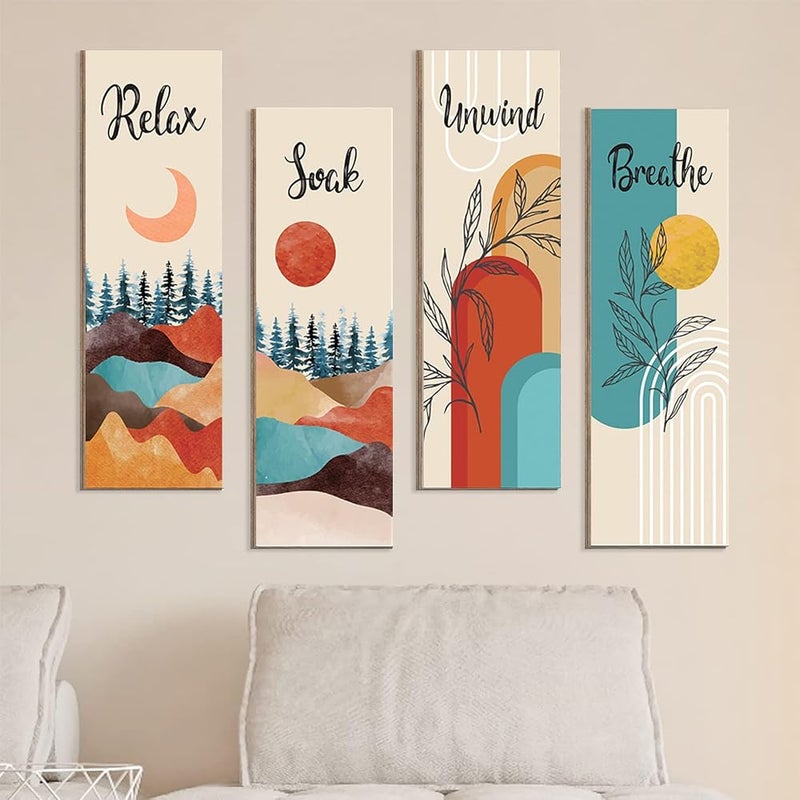 bpa Wall Decor,Boho Art Wall Decor Set of 4,Mid Century Modern Wall Art，Poplar Panels Neutral Abstract Geometric Print Beige Orange Minimalist Artwork (Style C) - Image 3