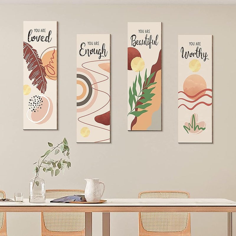 bpa Wall Decor,Boho Art Wall Decor Set of 4,Mid Century Modern Wall Art，Poplar Panels Neutral Abstract Geometric Print Beige Orange Minimalist Artwork (Style C) - Image 4