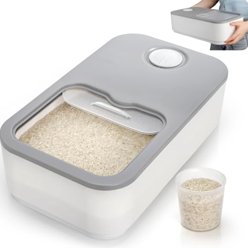 ELFULLY Rice Storage Container, 11 Lbs Plastic Airtight Rice Dispenser with Measuring Cup, Dry Food Storage Bucket Box with Lid, Flour Bin Pet Food Container, Kitchen Organizer for Grain Cereal, White - Image 1