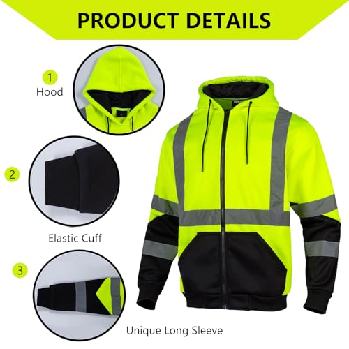FONIRRA ANSI Class 3 High Visibility Safety Lightweight Fleece Hoodie for Men Reflective Hi Vis Work Hoodie for Construction - Image 3