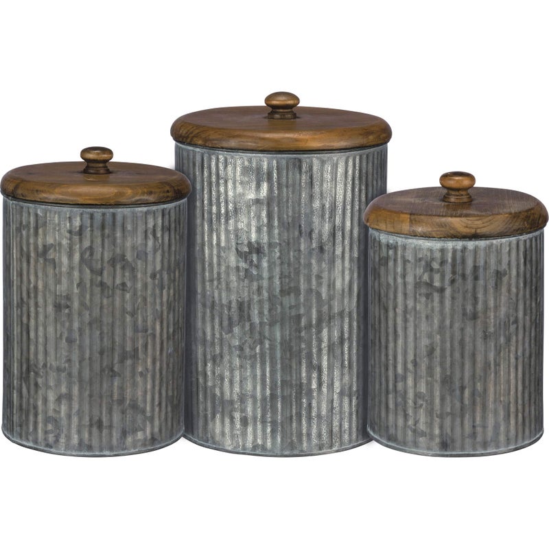 Primitives by Kathy Rustic Style Canisters Set of 3 Galvanized Metal and Wood
