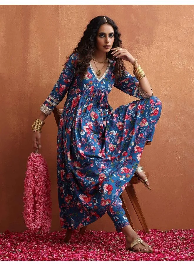 trueBrowns Blue Print Flared Anarkali Kurta Set