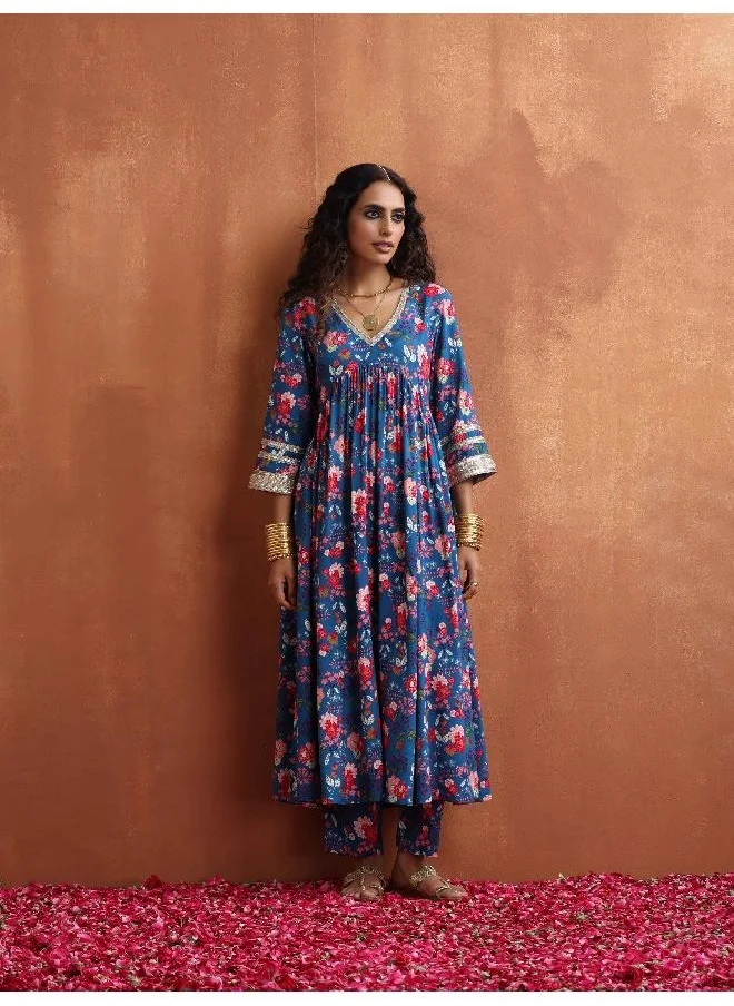 ترو برونز trueBrowns Blue Print Flared Anarkali Kurta Set