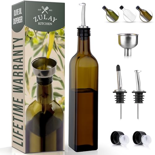 Zulay Kitchen Olive Oil Dispenser Bottle – 17oz Glass Oil Container with Spout, Funnel & Pourer – Dark Brown - Image 1