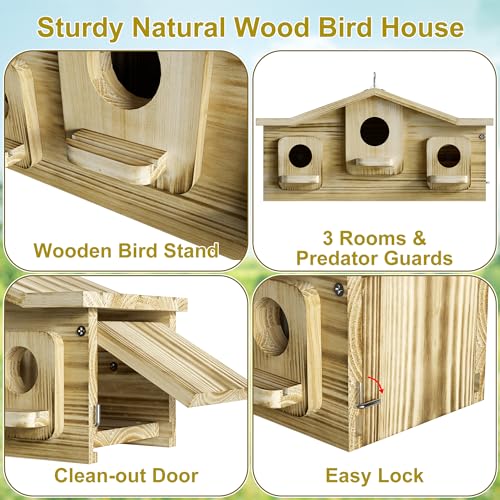 Auslar Bird House, Bird Houses for Outside for 3 Bird Families, Wooden Birdhouse for Outdoors, 3 Hole Hanging Bluebird House for Cardinals Finch Wren Swallow for Garden Viewing - Image 5