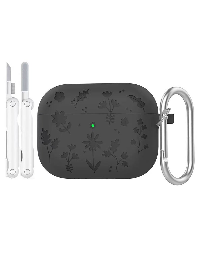 DKNG Suitable for AirPods Pro 3 case, premium silicone carved cute protective case, AirPods Pro 3, comes with a cleaning kit and carabiner, suitable for both men and women. Black - Image 1