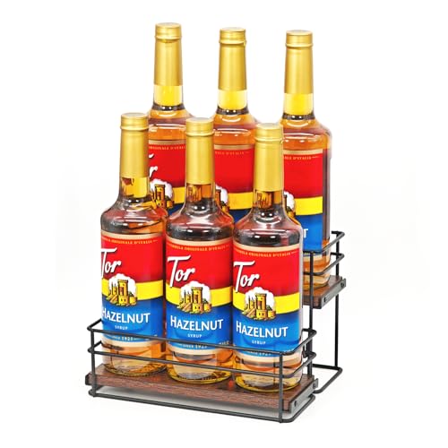 AUATRONNE 6 Bottle Capacity Coffee Syrup Rack Organizer, 2 Tier Coffee Syrup Stand Shelf, Storage Shelves for Coffee Bar, Small Wine Rack for Bar Family Storage for Syrup Wine Dressing - Image 1