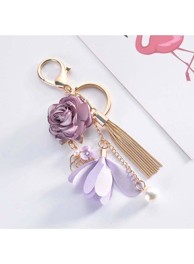 ZOONAI Flower Tassel Keychain Pearl Car Keyring Holder Purse Handbag Pendant (Purple) - Image 3