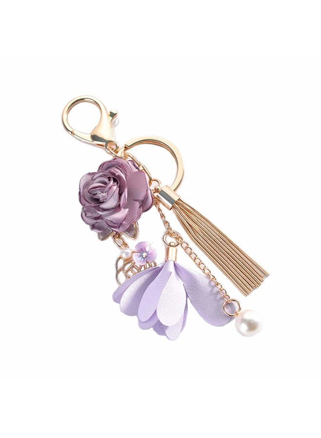 ZOONAI Flower Tassel Keychain Pearl Car Keyring Holder Purse Handbag Pendant (Purple) - Image 1